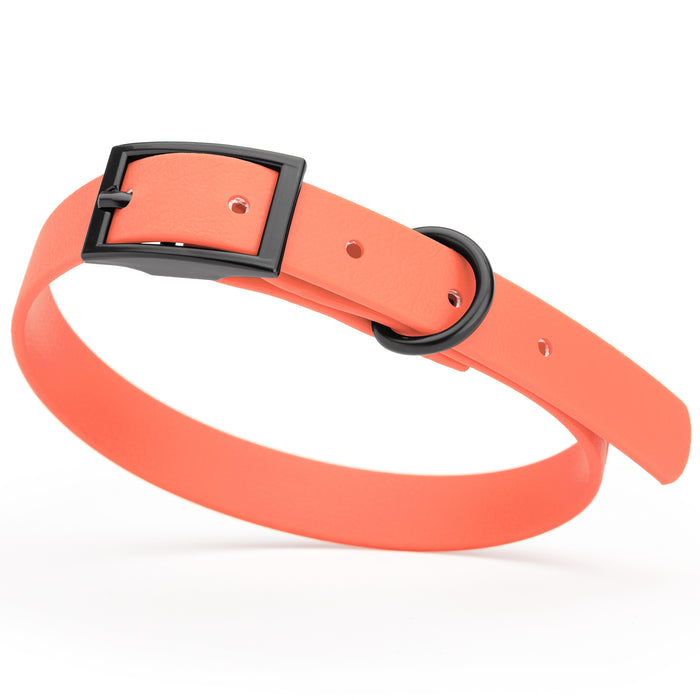 Coral dog collar with black hardware, made from waterproof Biothane, small