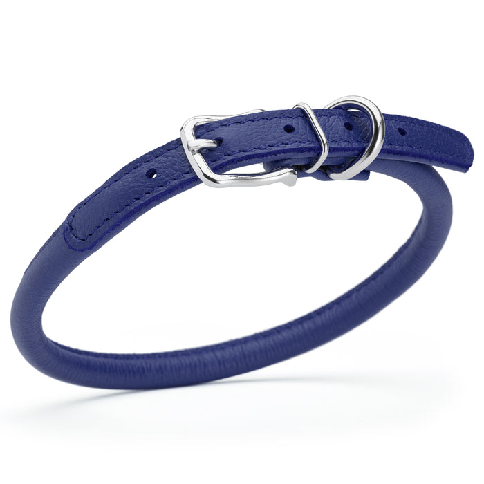 Blue leather dog collar with metal buckle, size M