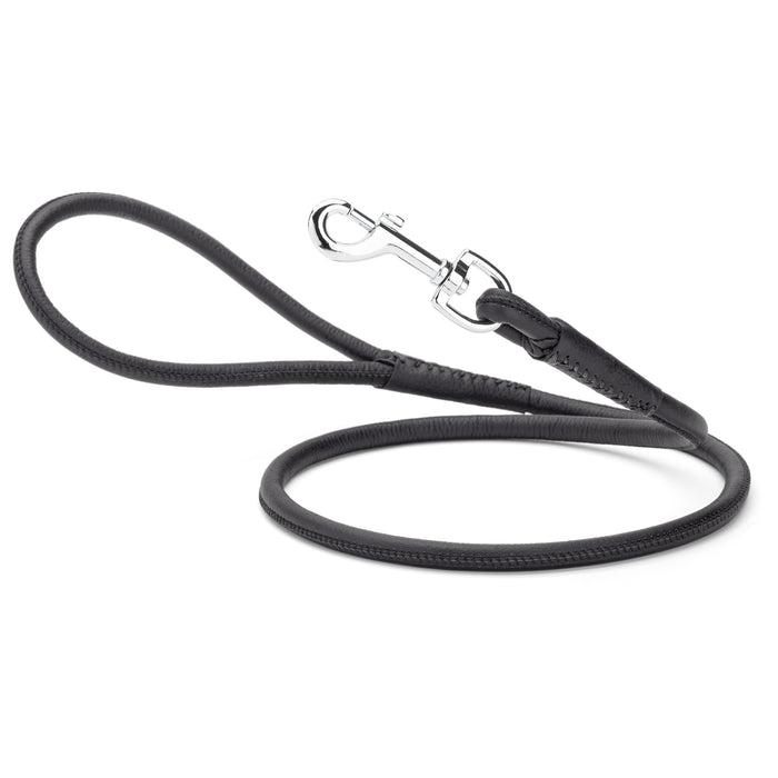 Black leather dog lead with metal snap hook, 1/4- or 3/8-inch wide