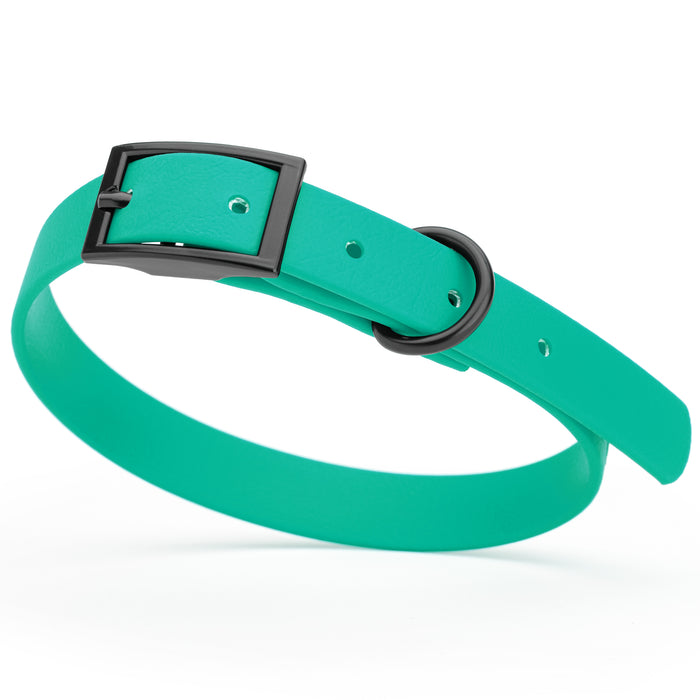 Teal dog collar with black hardware, made from waterproof Biothane, small