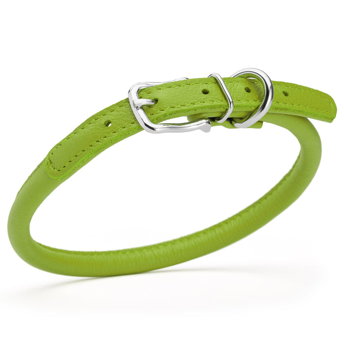Lime green leather dog collar with metal buckle, size M