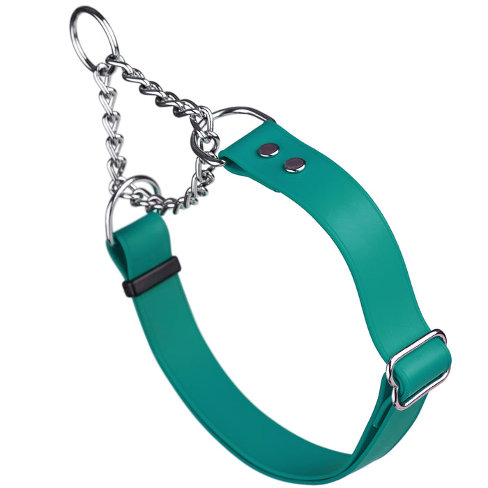 Teal adjustable martingale dog collar with Herm Sprenger assembly chain, made from waterproof Biothane