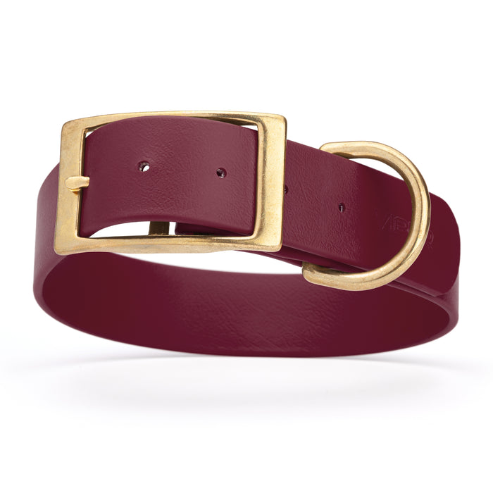Merlot Burgundy dog collar with brass buckle and D-ring, made from waterproof Biothane, 1.5 in wide, X-large