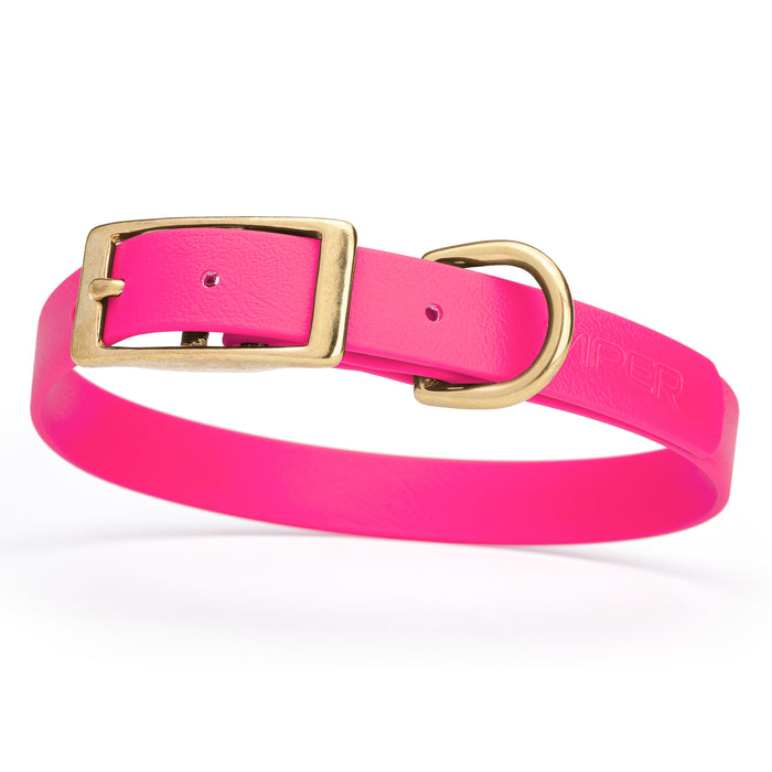 Passionfruit Pink dog collar with brass buckle and D-ring, made from waterproof Biothane, medium