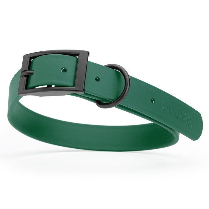Hunter Green dog collar with black hardware, made from waterproof Biothane, large