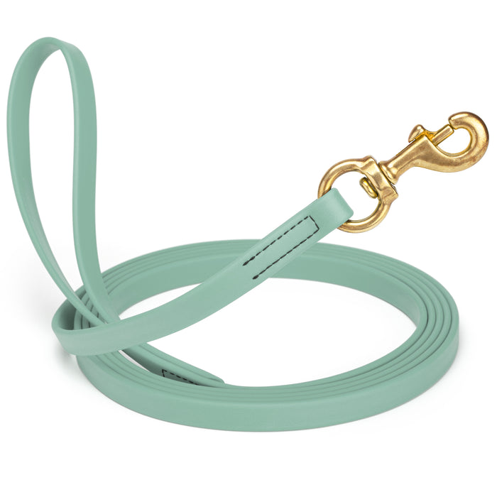 Sage Green dog leash with brass snap hook, made from waterproof and smell proof Biothane, 5/8 inches wide, 33 ft