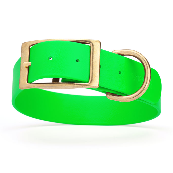Tropical Green dog collar with brass buckle and D-ring, made from waterproof Biothane, 1.5 in wide, X-large