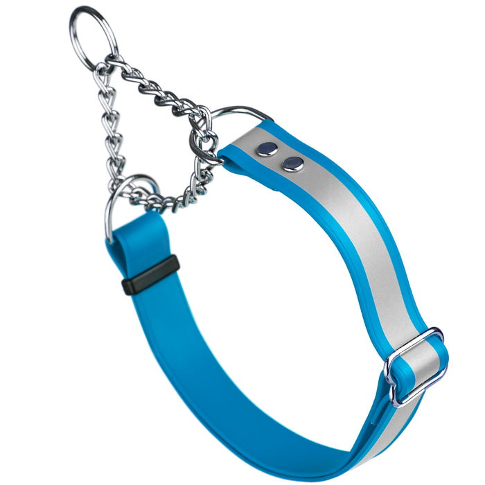 Blue martingale dog collar with reflective strip and Herm Sprenger assembly chain, made from waterproof Biothane