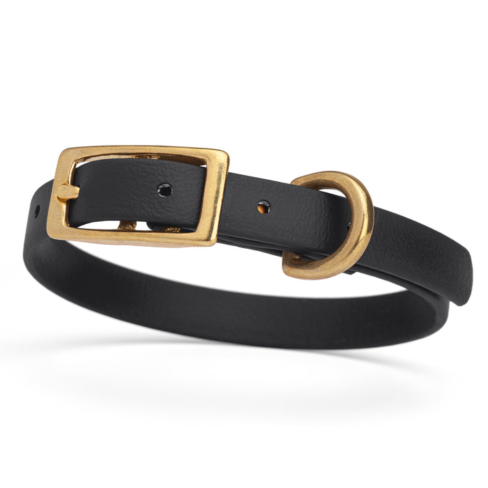 Black dog collar with brass buckle and D-ring, made from waterproof Biothane, x-small