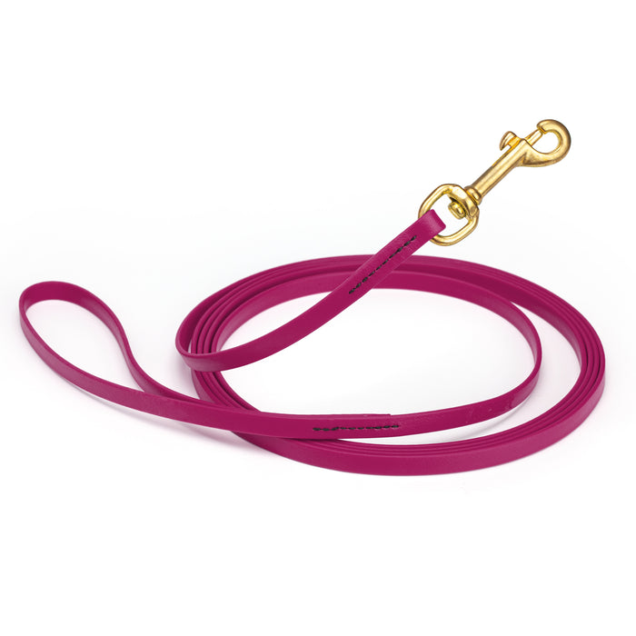 Magenta Pink dog leash with brass snap hook, made from waterproof and smell proof Biothane, 3/8 inches wide, 20 ft