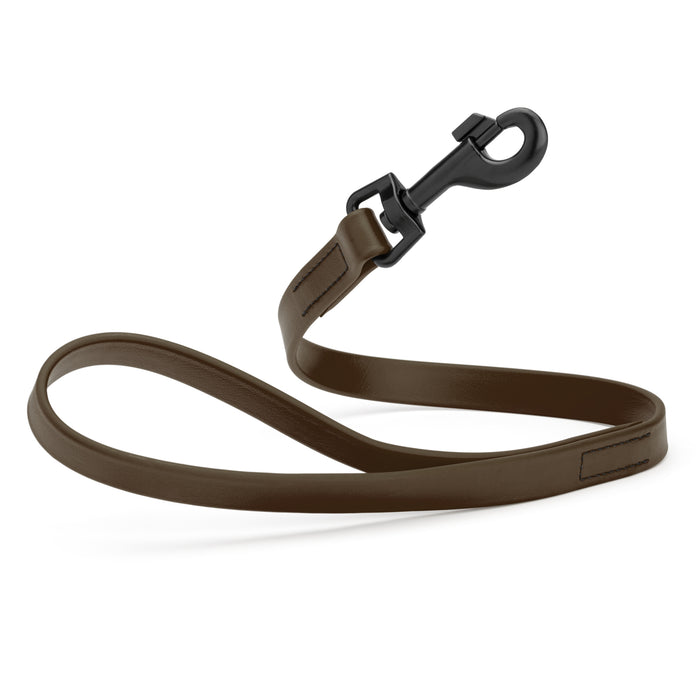 Dark Chocolate Brown 2 ft short dog leash with black snap hook, made from waterproof Biothane, 3/4 inches wide