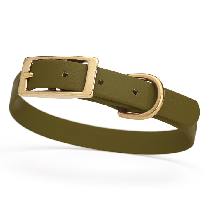 Olive Drab Green dog collar with brass buckle and D-ring, made from waterproof Biothane, small