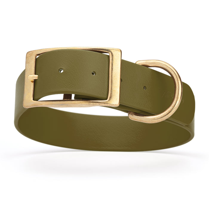 Olive Drab Green dog collar with brass buckle and D-ring, made from waterproof Biothane, 1.5 in wide, X-large