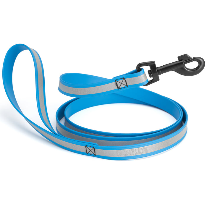 Blue reflective dog leash with black snap hook and wide reflective strip, made from waterproof Biothane