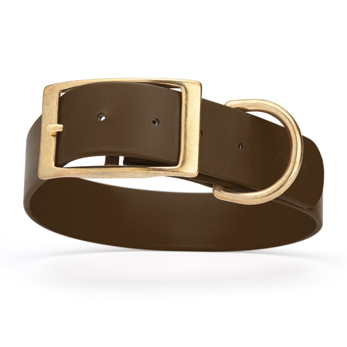Dark Chocolate Brown dog collar with brass buckle and D-ring, made from waterproof Biothane, 1.5 in wide, X-large