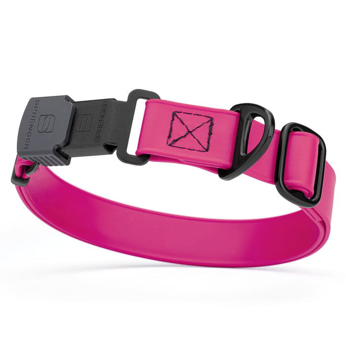 Magenta Pink dog collar with black stainless steel Herm Sprenger quick release buckle, made from waterproof Biothane