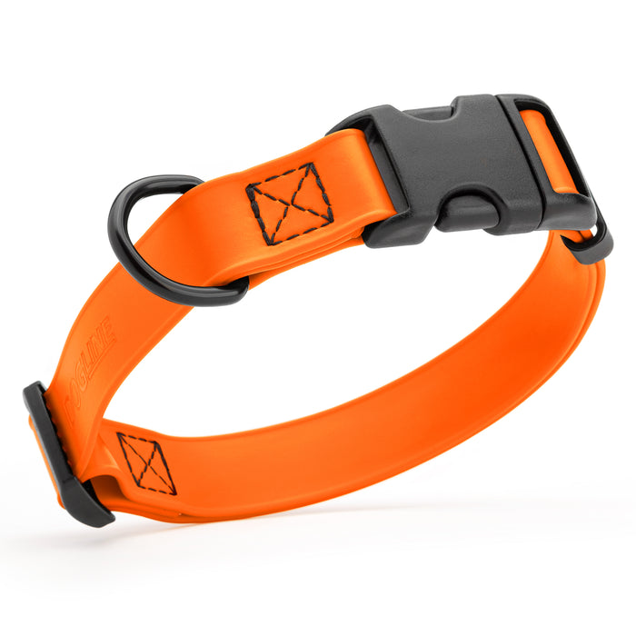 Hunter Orange dog collar with quick release buckle, made from waterproof Biothane, 5/8-inch wide