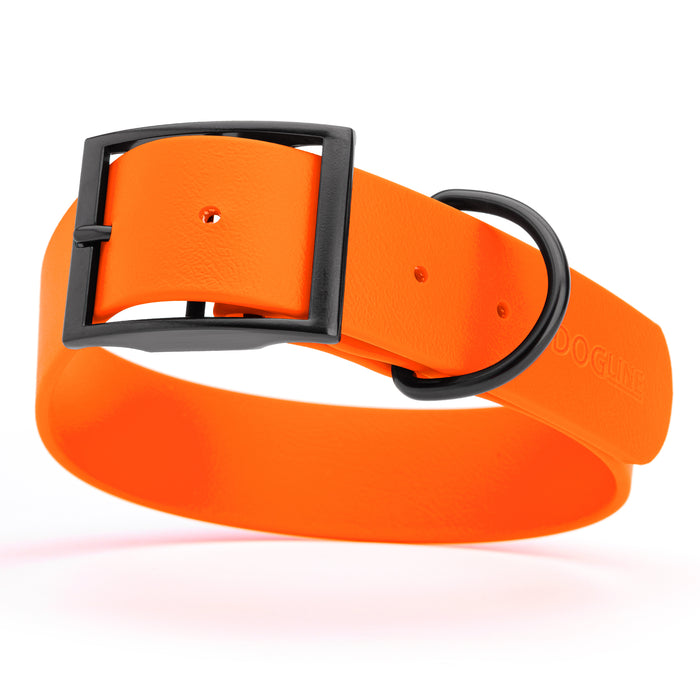 Hunter Orange dog collar with black hardware, made from waterproof Biothane, X-large, 1.5 inches wide
