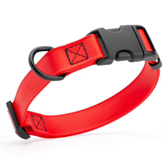 Cherry Red dog collar with quick release buckle, made from waterproof Biothane, 5/8-inch wide