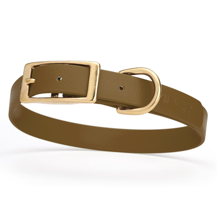 Coyote Brown dog collar with brass buckle and D-ring, made from waterproof Biothane, medium