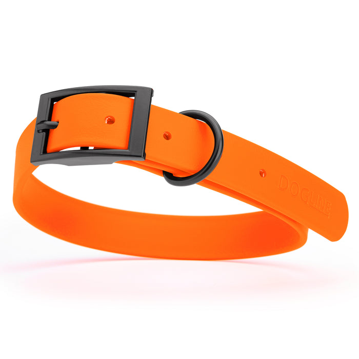 Hunter Orange dog collar with black hardware, made from waterproof Biothane, large