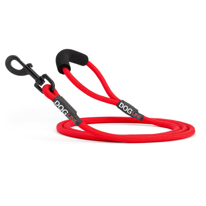 6 feet red nylon dog leash with neoprene padded handle and black snap hook
