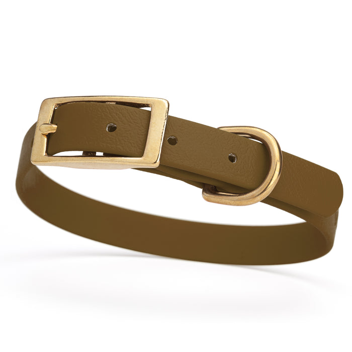 Coyote Brown dog collar with brass buckle and D-ring, made from waterproof Biothane, small