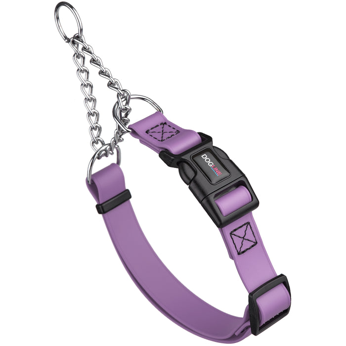 Amethyst Purple martingale dog collar with quick release buckle and Herm Sprenger assembly chain, made from waterproof Biothane