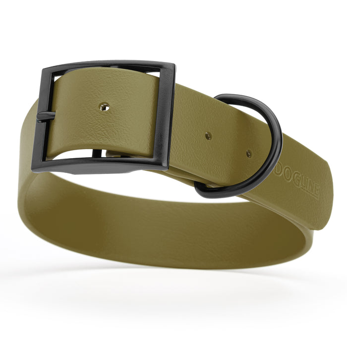 Olive Drab Green dog collar with black hardware, made from waterproof Biothane, X-large, 1.5 inches wide