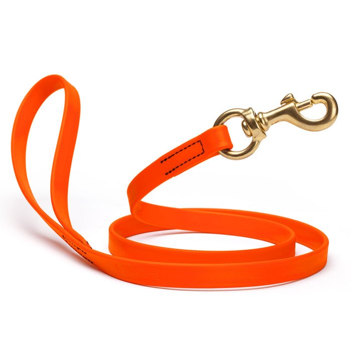 Hunter Orange dog leash with brass snap hook, made from waterproof Biothane, 5/8 or 3/4 inches wide