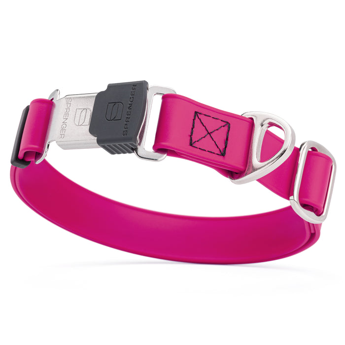 Magenta Pink dog collar with stainless steel Herm Sprenger quick release buckle, made from waterproof Biothane