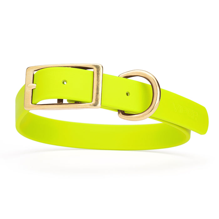 Safety Yellow dog collar with brass buckle and D-ring, made from waterproof Biothane, X-large