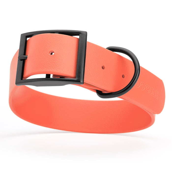 Coral dog collar with black hardware, made from waterproof Biothane, X-large, 1.5 inches wide