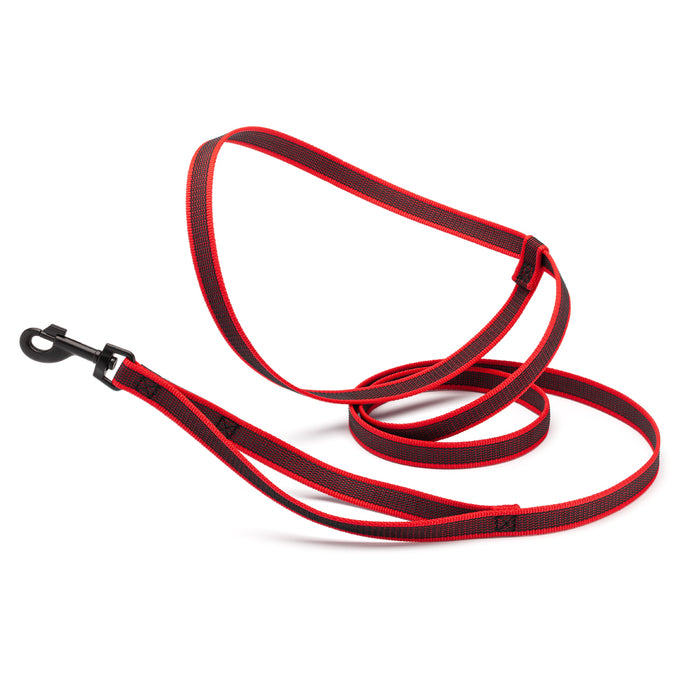 Red rubberized nylon dog leash with traffic handle and adjustable hands-free handle, black hardware