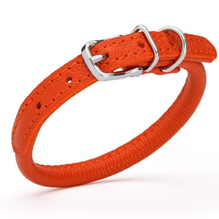 Orange leather dog collar with metal buckle, size XS to S