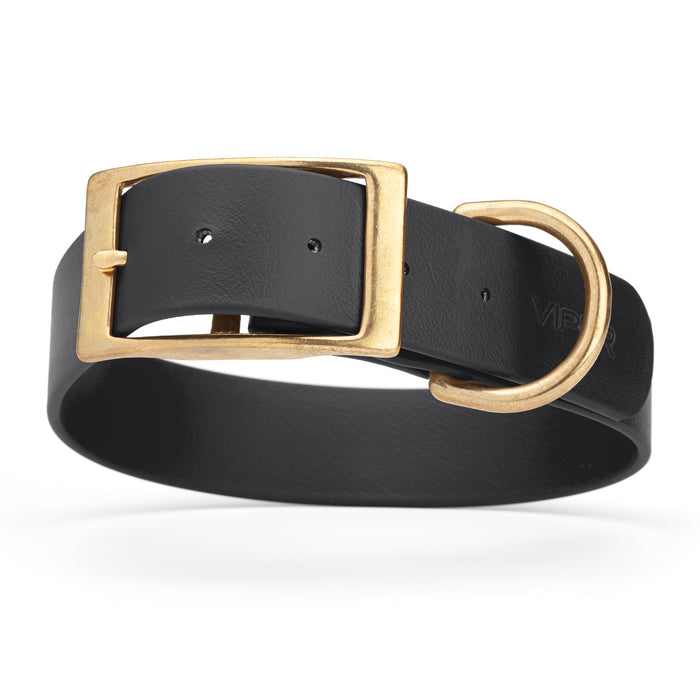 Black dog collar with brass buckle and D-ring, made from waterproof Biothane, 1.5 in wide, X-large
