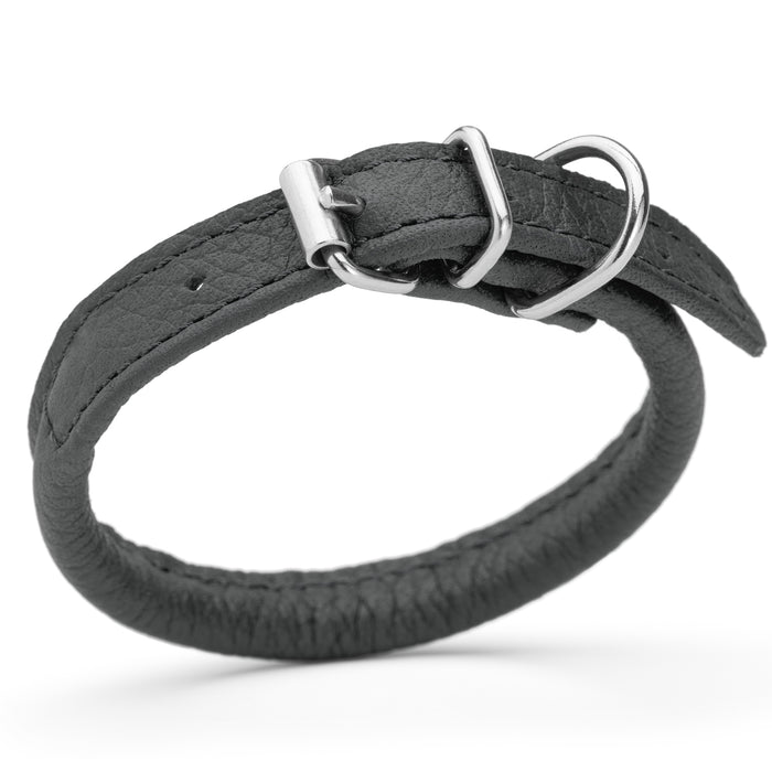 Black leather dog collar with metal buckle, size 3XS to 2XS