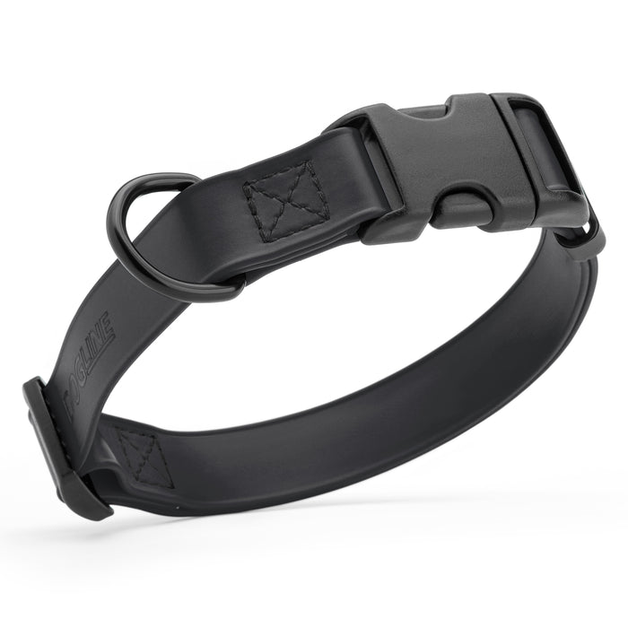 Black dog collar with quick release buckle, made from waterproof Biothane, 5/8-inch wide