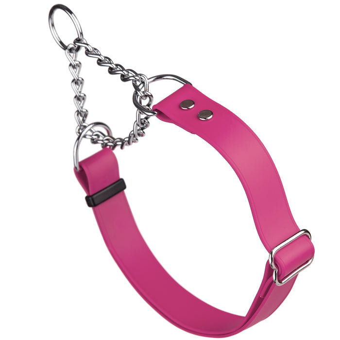 Passionfruit Pink adjustable martingale dog collar with Herm Sprenger assembly chain, made from waterproof Biothane