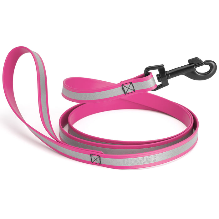 Pink reflective dog leash with black snap hook and wide reflective strip, made from waterproof Biothane