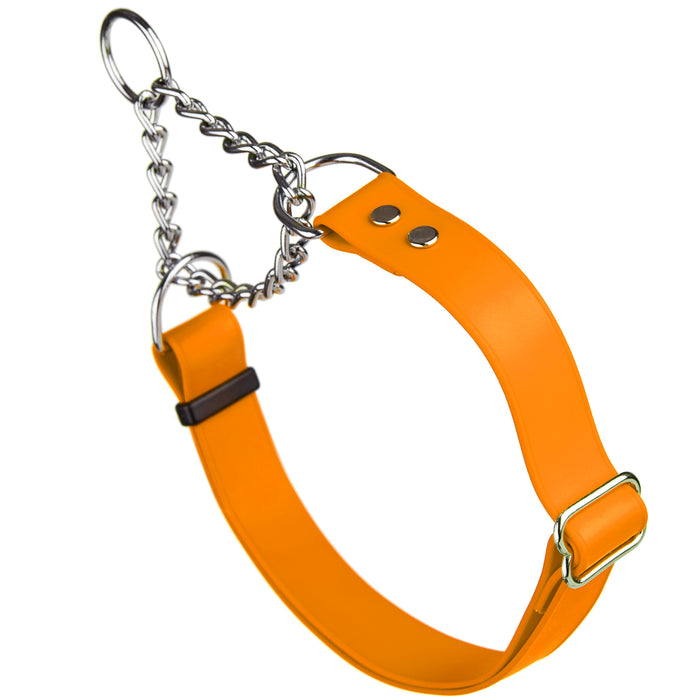 Tangerine Orange adjustable martingale dog collar with Herm Sprenger assembly chain, made from waterproof Biothane
