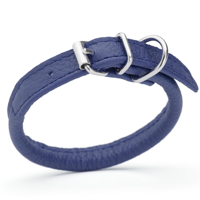 Blue leather dog collar with metal buckle, size 3XS to 2XS