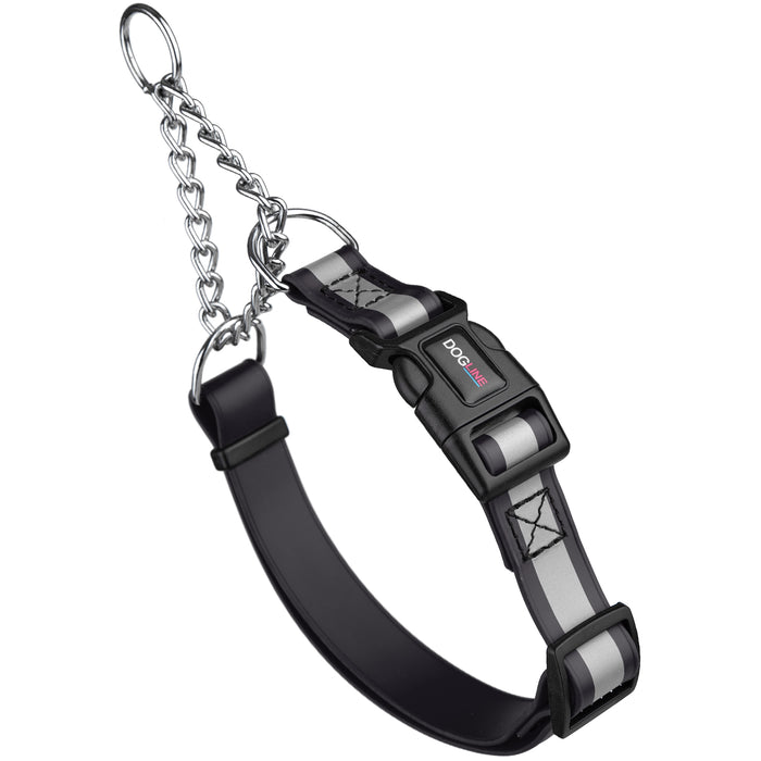 Black martingale dog collar with reflective strip and quick release buckle, made from waterproof Biothane