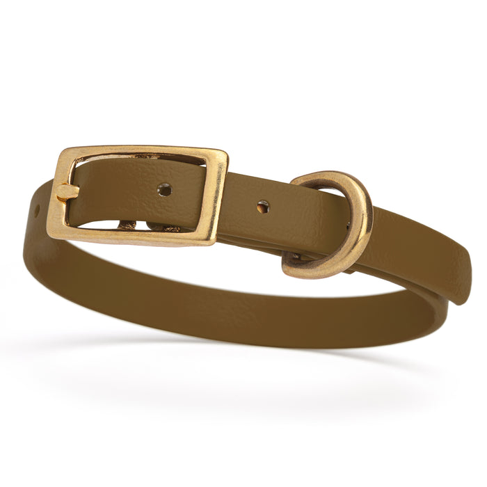 Coyote Brown dog collar with brass buckle and D-ring, made from waterproof Biothane,  x-small