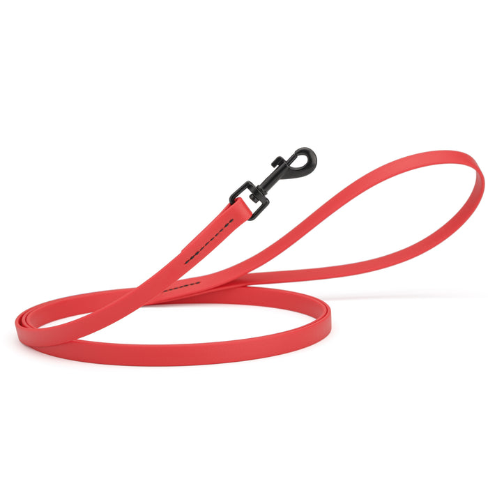 Cherry Red dog leash with black snap hook, made from waterproof Biothane, 1/2 inches wide