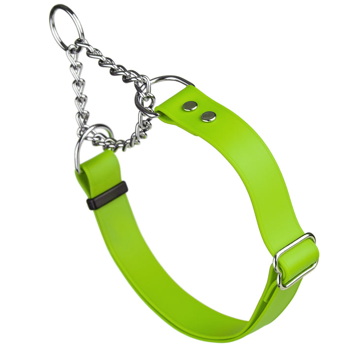 Tropical Green adjustable martingale dog collar with Herm Sprenger assembly chain, made from waterproof Biothane