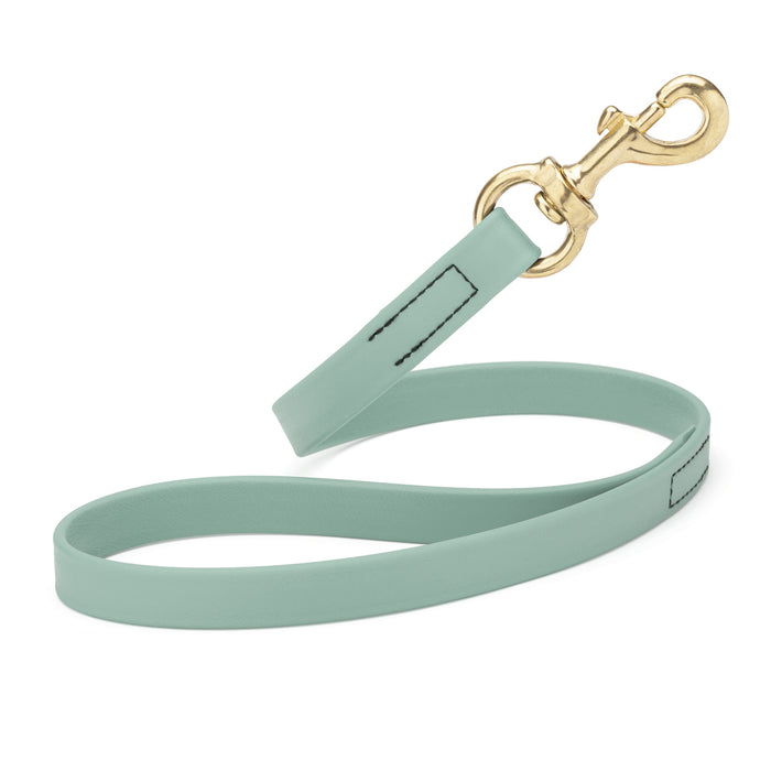 Sage Green traffic dog leash with brass snap hook, made from waterproof Biothane