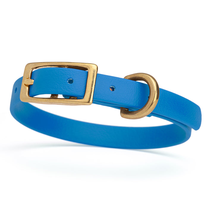 Cerulean Blue dog collar with brass buckle and D-ring, made from waterproof Biothane,  x-small