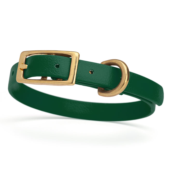 Hunter Green dog collar with brass buckle and D-ring, made from waterproof Biothane,  x-small