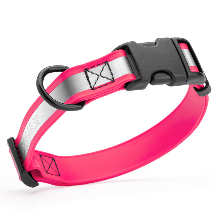 Pink reflective dog collar with quick release buckle and wide reflective strip, made from waterproof Biothane, 3/4-inch wide